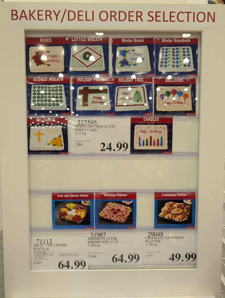 Ordering platters and cakes and bulk meat and bakery at Costco