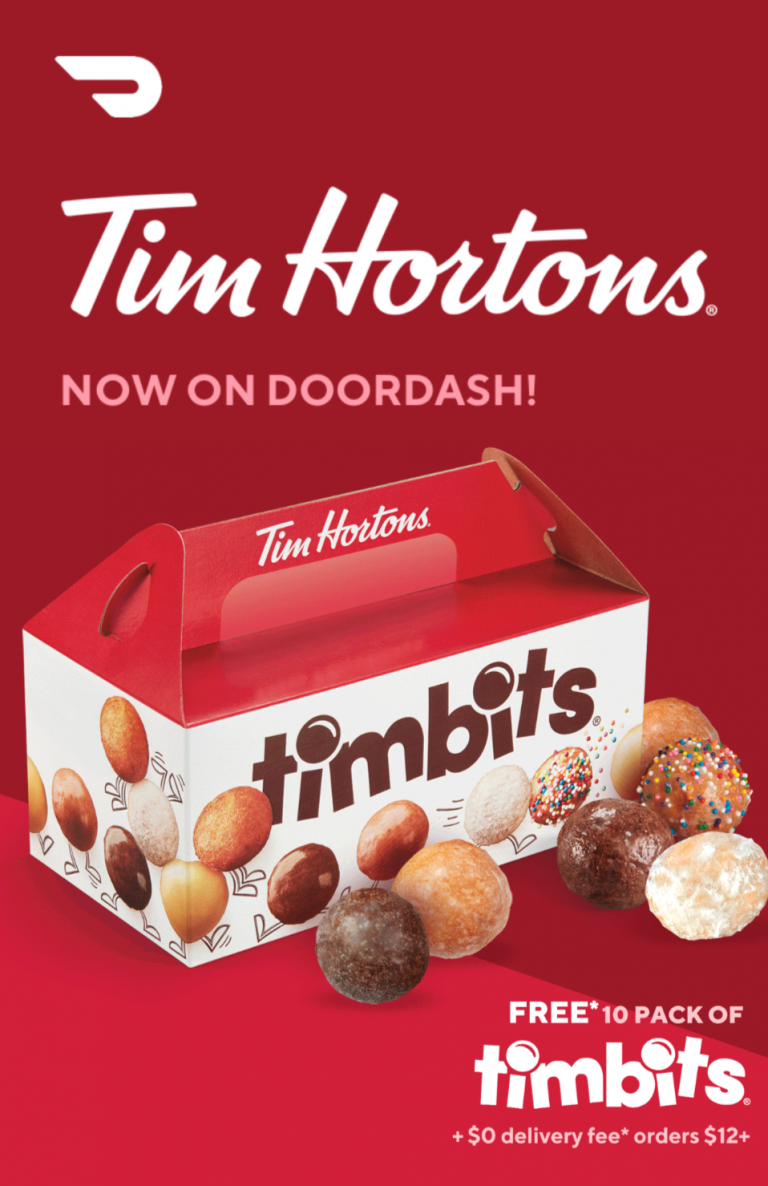 Free timbits and no delivery fee from Tim Hortons from Doordash